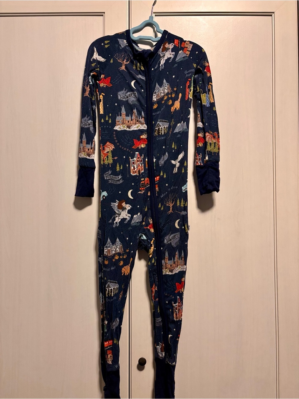 Kids Navy One-Piece Pajama with Magical Castle Print